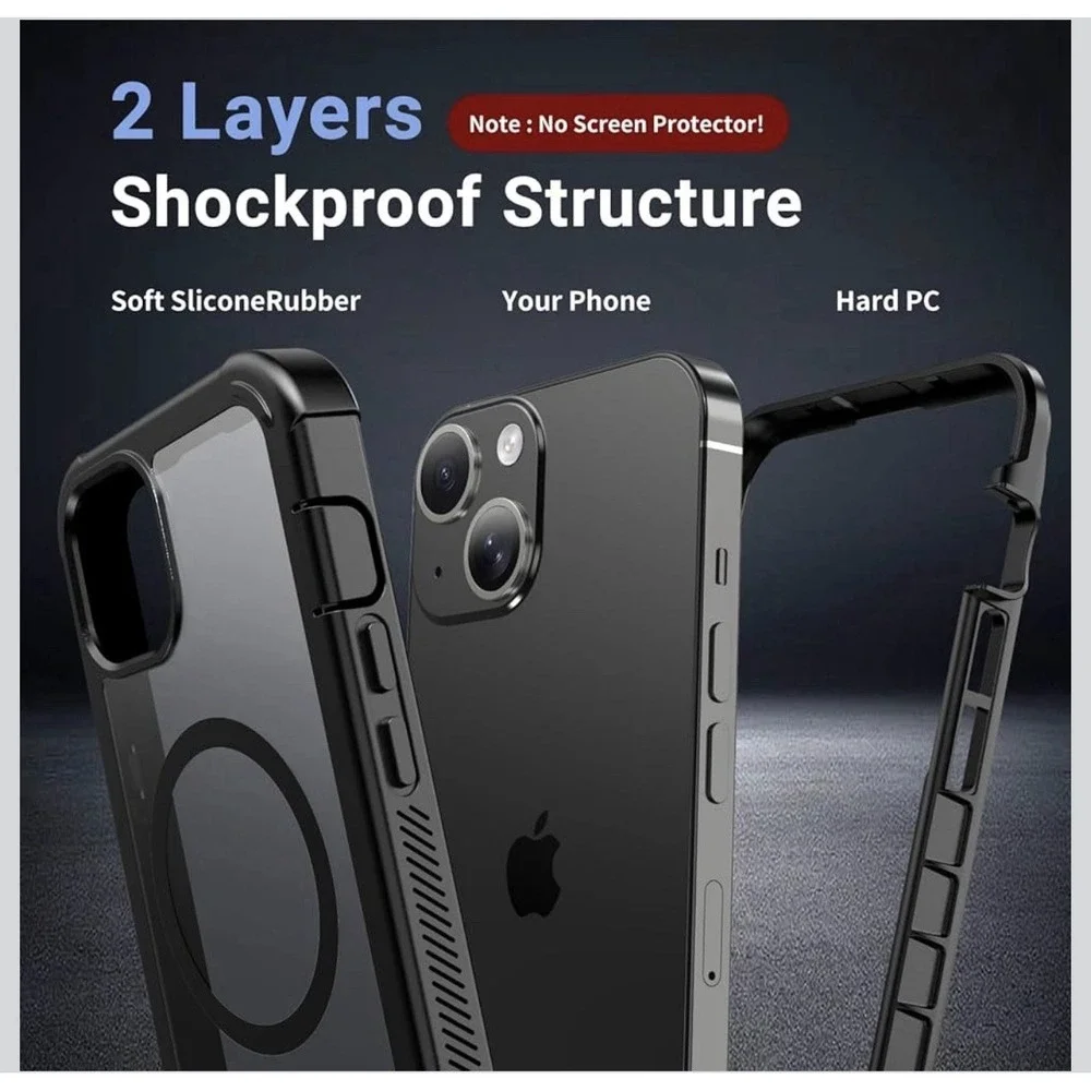 D0051-iPhone 15 Case MagSafe Compatible Shockproof Rugged Black 6.1 Inch Cover